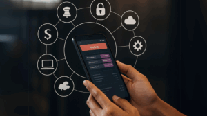 Smartphone affichant une interface de routage de paiements, tenu par une main devant un écran illustrant l’écosystème digital du paiement (sécurité, cloud, terminaux, etc.), symbolisant l’orchestration des paiements devenue un levier stratégique pour les marchands