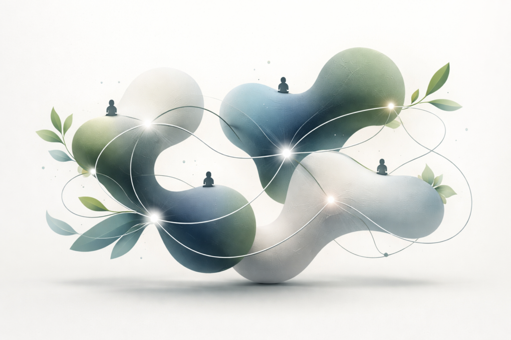 Illustration abstraite et organique symbolisant une organisation agile, cohérente et en adaptation permanente