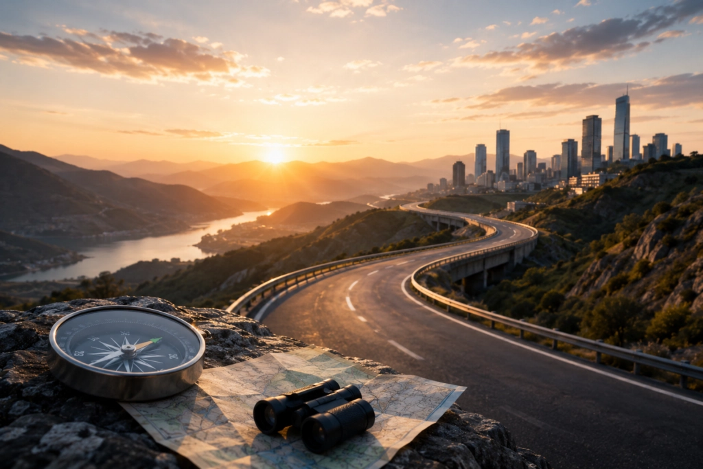 Route sinueuse reliant montagnes et skyline urbain au lever du soleil, avec boussole, carte et jumelles au premier plan