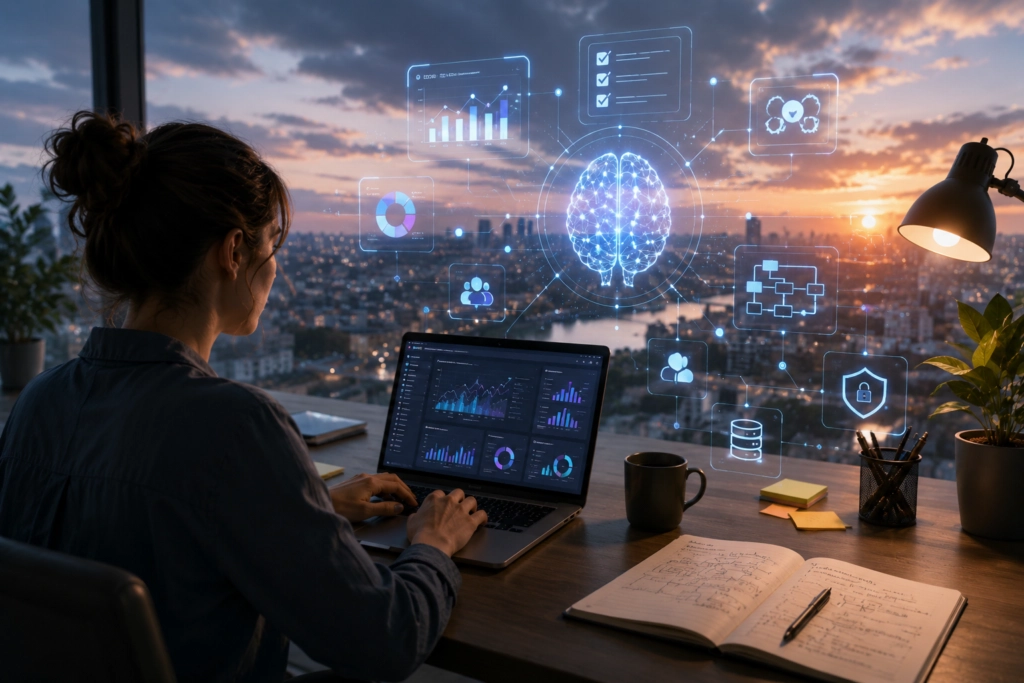 Femme travaillant sur laptop avec dashboards data, entourée d'une visualisation IA en réseau de neurones, vue sur skyline au crépuscule